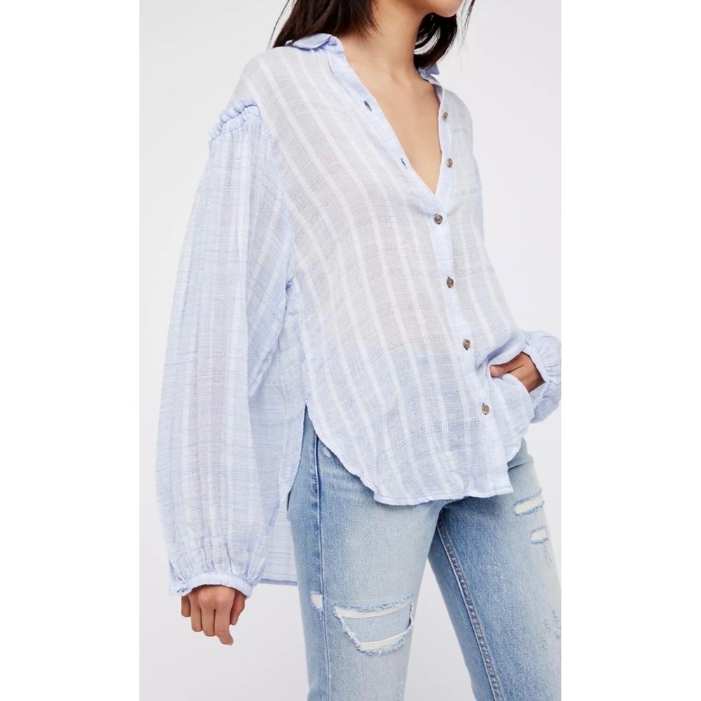 Free People Indigo Skies Stripe Shirt Light Blue Oversized Button Down L XL